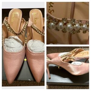 Lulu's Blush Satin Heels with Rhinestone & Pearl Accents